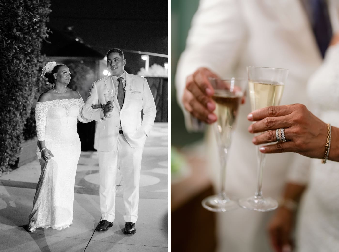 Bride and groom clinking champagne glasses during reception