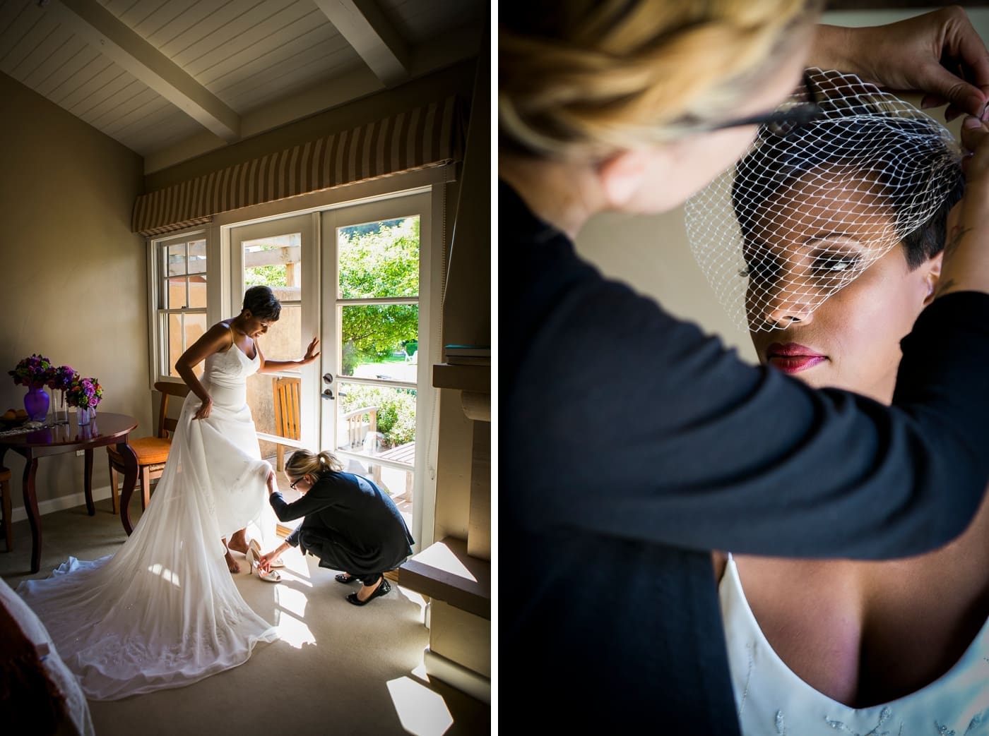 Wedding planner helping bride get ready