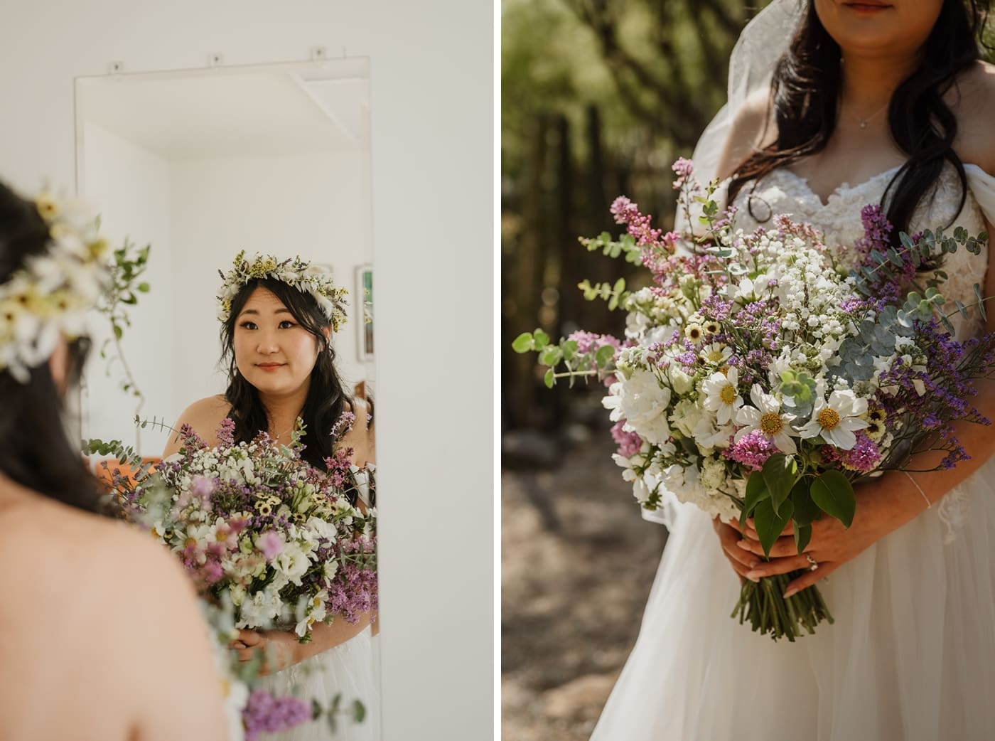 Bride holding a wildflower bouquet with white and purple flowers