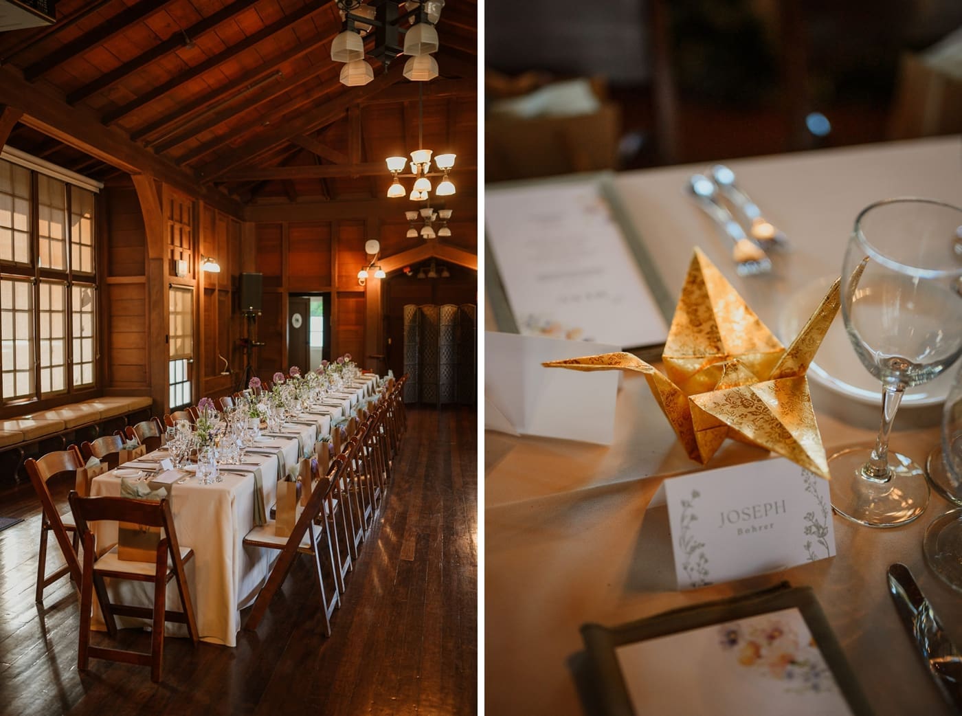 Golden origami crane on a table at a Central California wedding