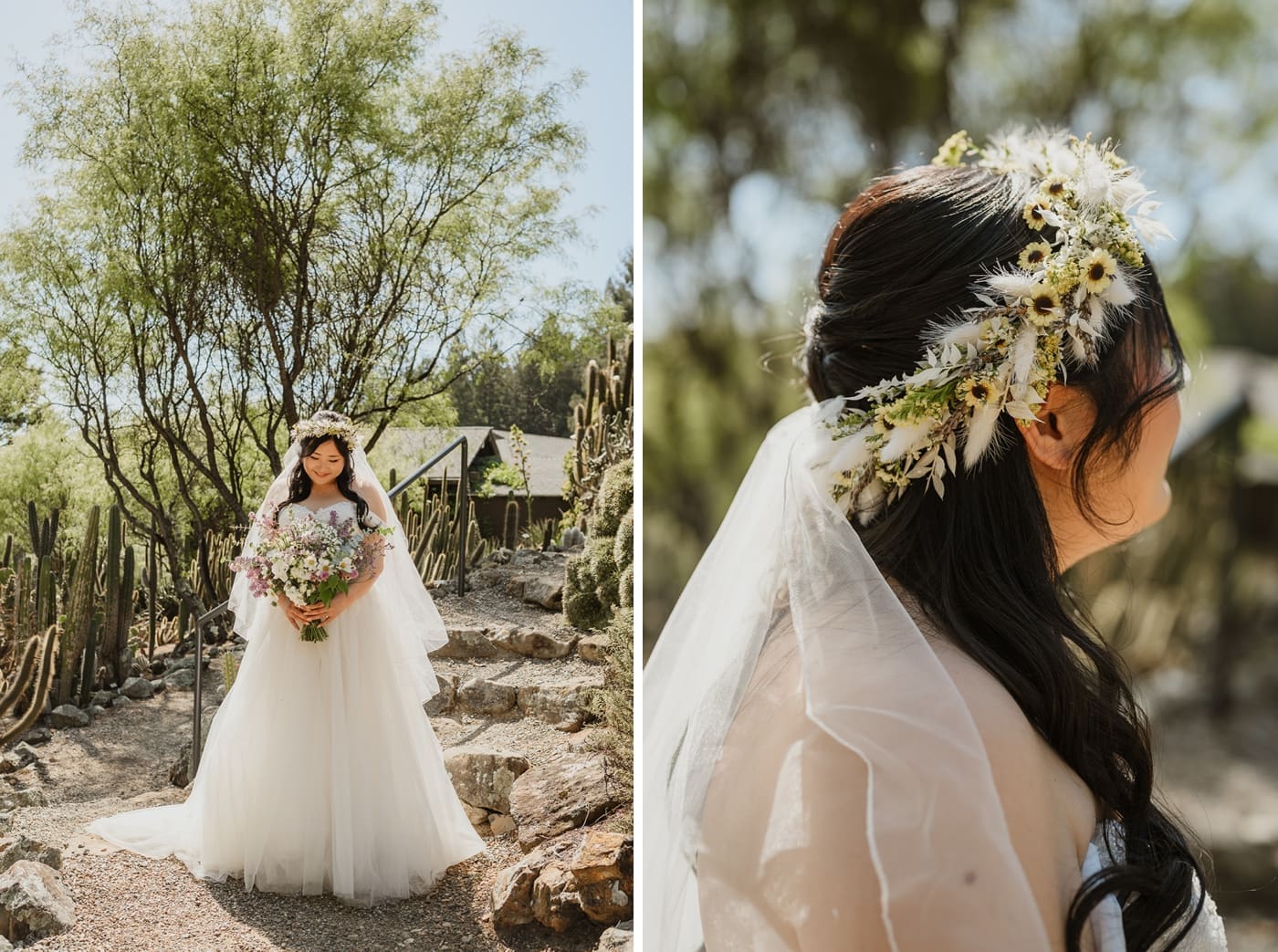 Bride wearing a white and yellow flower crown
