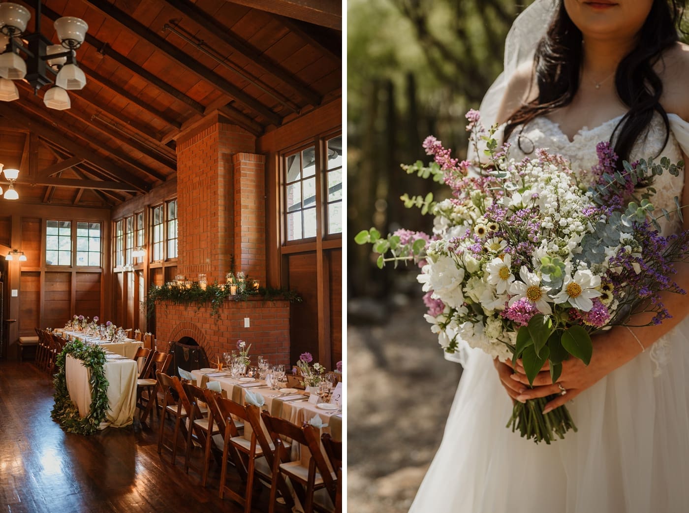 Bride holding a wildflower bouquet with white and purple flowers