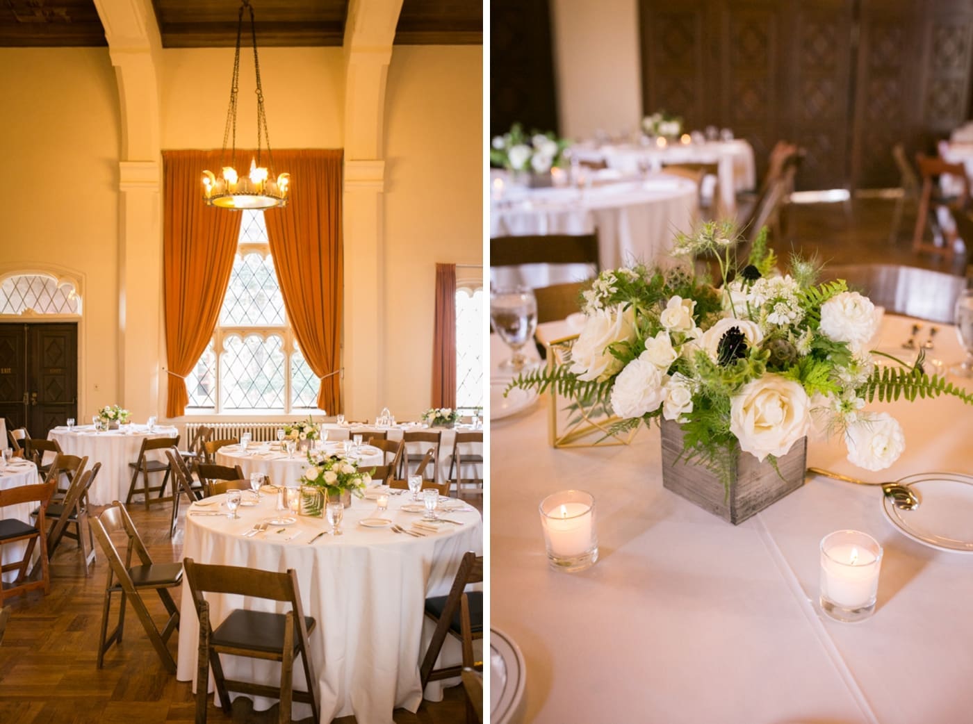 Wedding centerpiece in a wooden planter box with white flowers and ferns