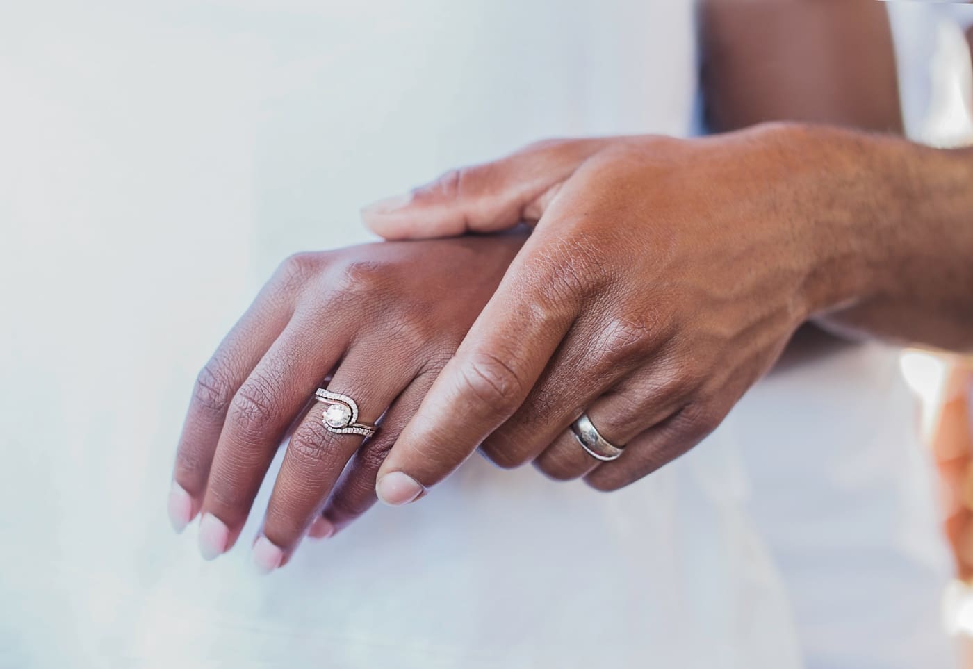 Close-up of bride and groom's hands with wedding rings
