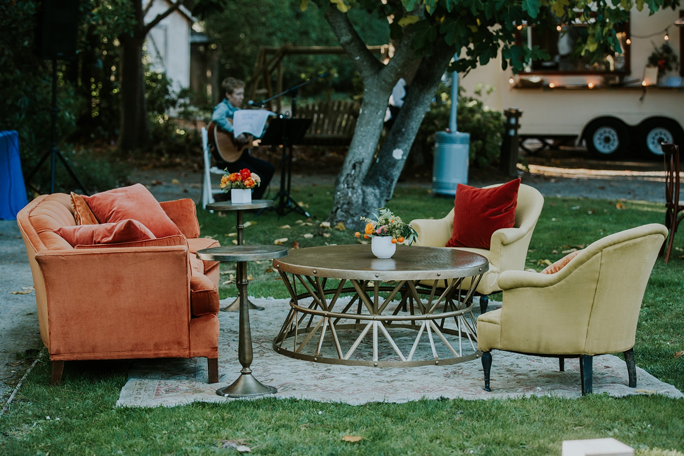 Lounge area with colorful velvet furniture at San Francisco wedding