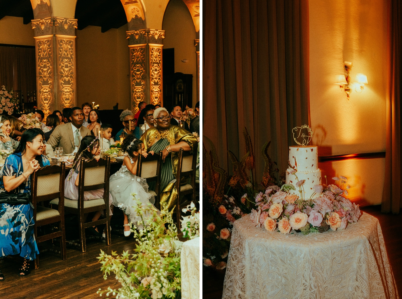 Wedding cake table with blush and peach flowers and gold brocade tablecloth