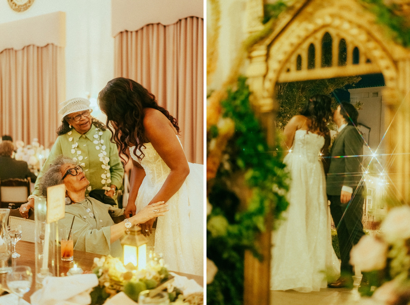 Kissing newlyweds reflected in gold mirror