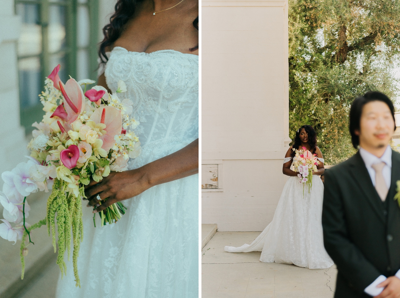 Bride holding a pink and ivory bouquet by Once Upon a Florist