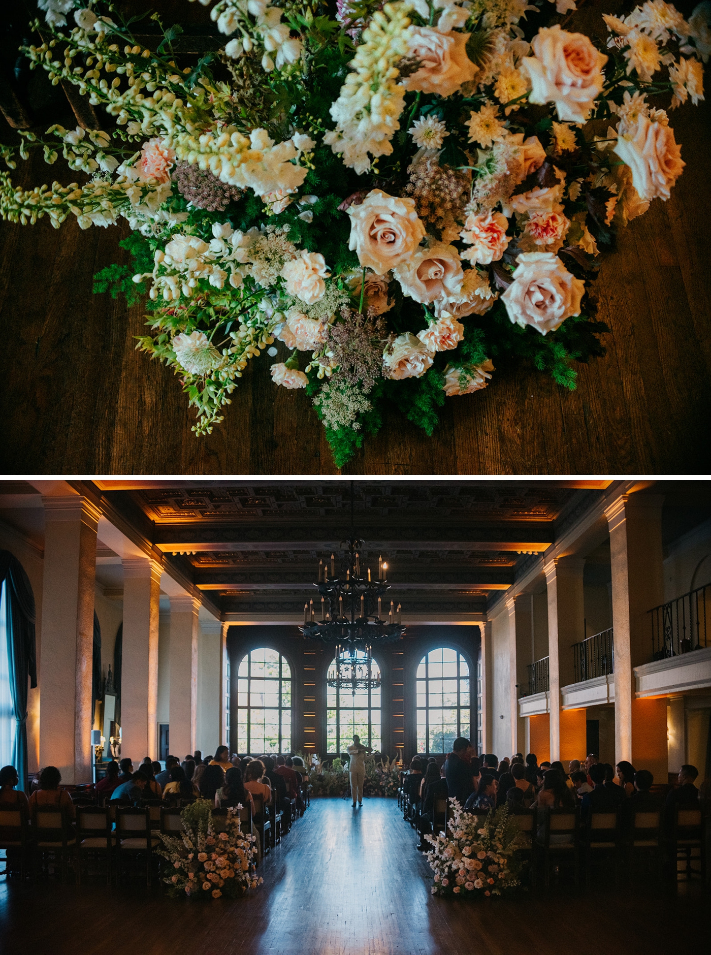 Floral meadow with blush roses and white delphinium by Once Upon a Florist